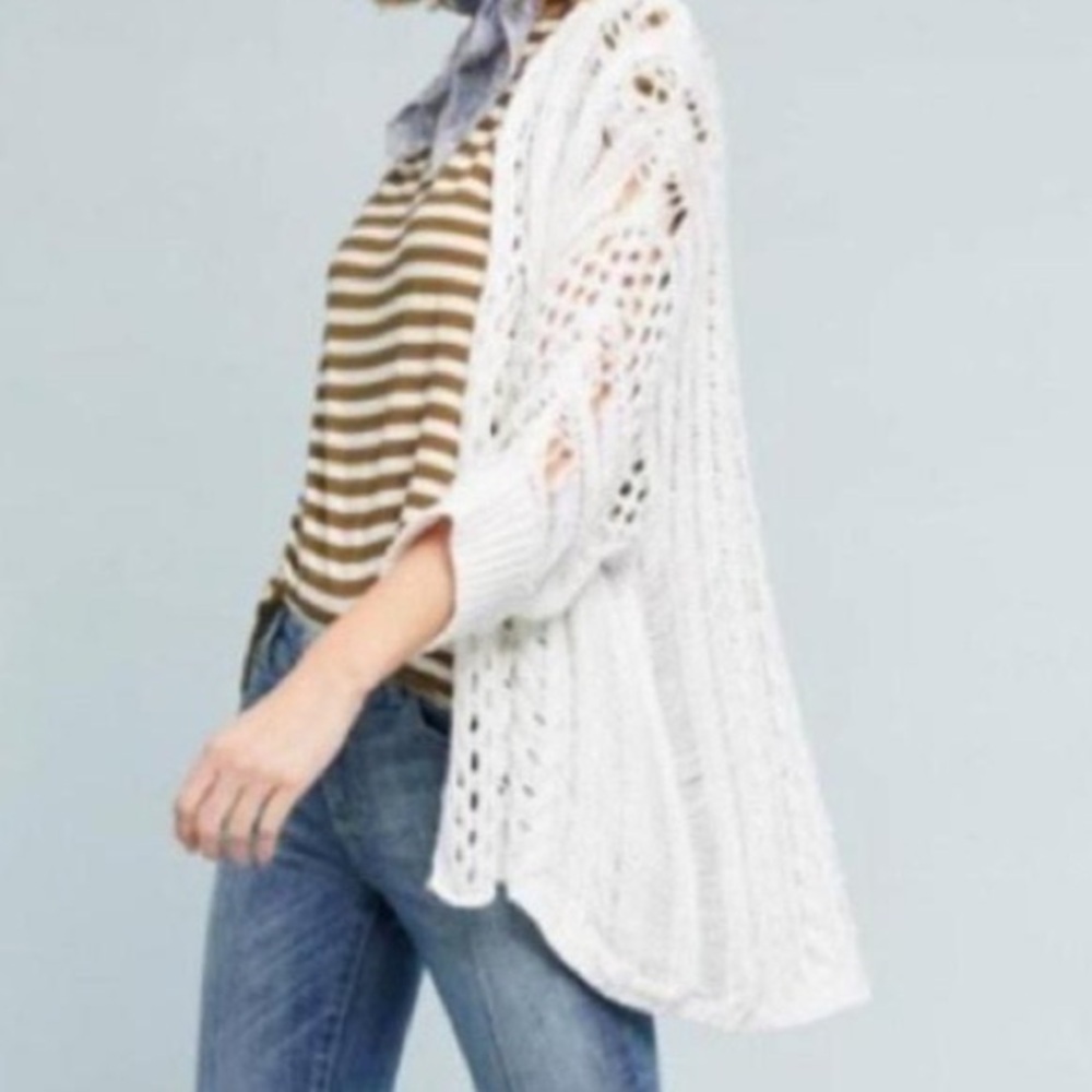 Anthropologie Moth Short Sleeved White Crochet Open Cardigan Sweater Size Small